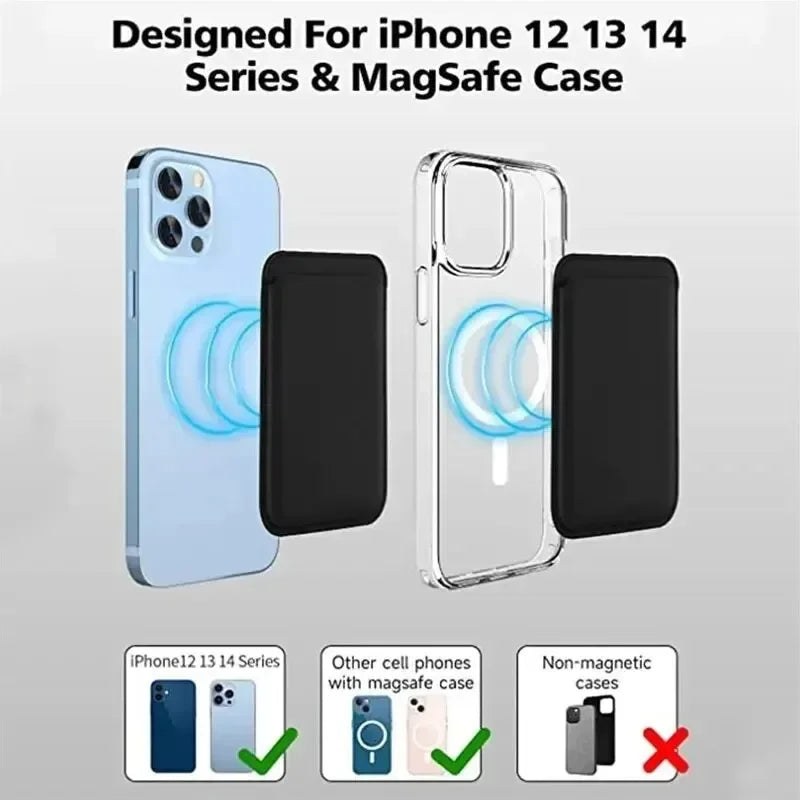 MagSafe leather wallet shown with iPhone 12 13 14 series cases demonstrating magnetic compatibility.