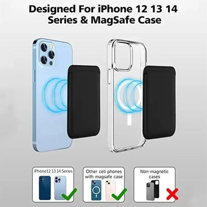 MagSafe leather wallet shown with iPhone 12 13 14 series cases demonstrating magnetic compatibility.