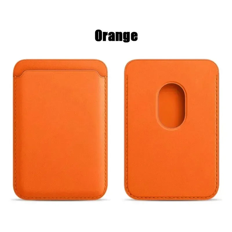 MagSafe leather wallet in vibrant orange color, designed for sleek and practical use with smartphones.