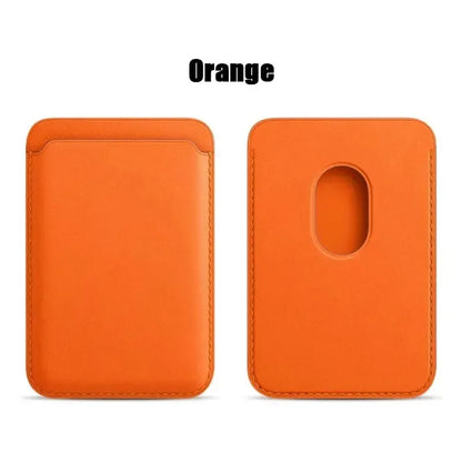 MagSafe leather wallet in vibrant orange color, designed for sleek and practical use with smartphones.