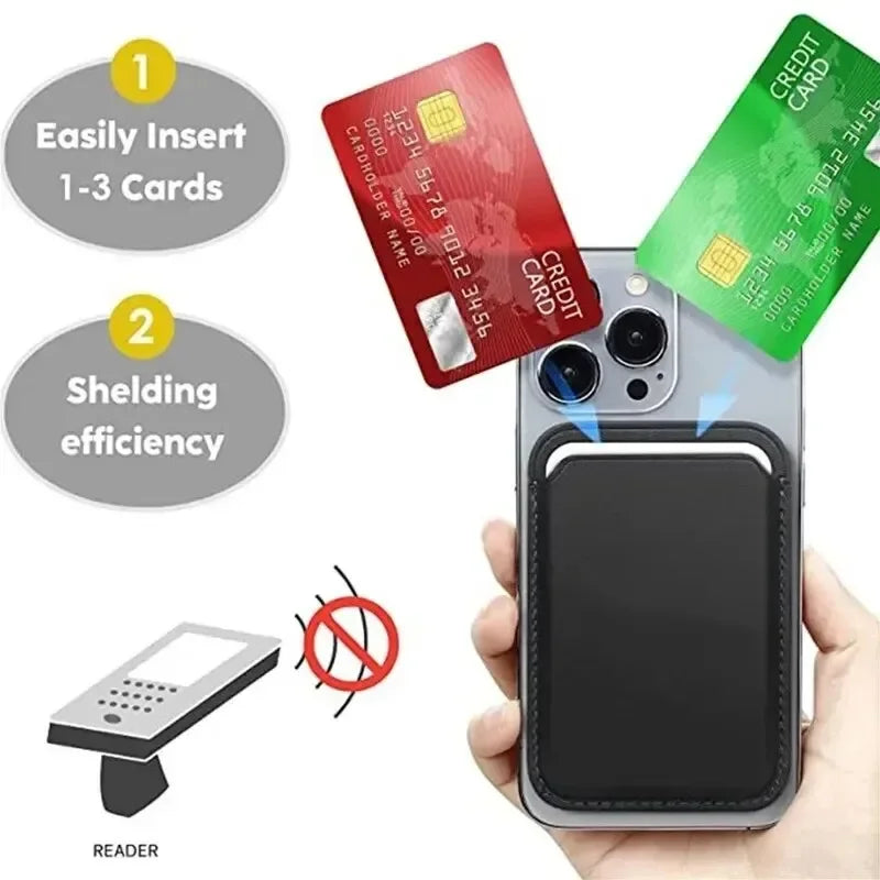 MagSafe Leather Wallet Slim Magnetic Phone Wallet displaying card insertion instructions and shielding benefits.