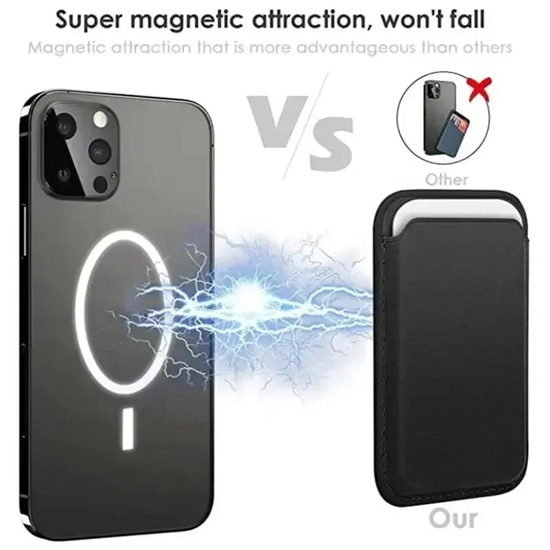MagSafe Leather Wallet Slim Magnetic Phone Wallet showcasing super magnetic attraction and stability against competitors.