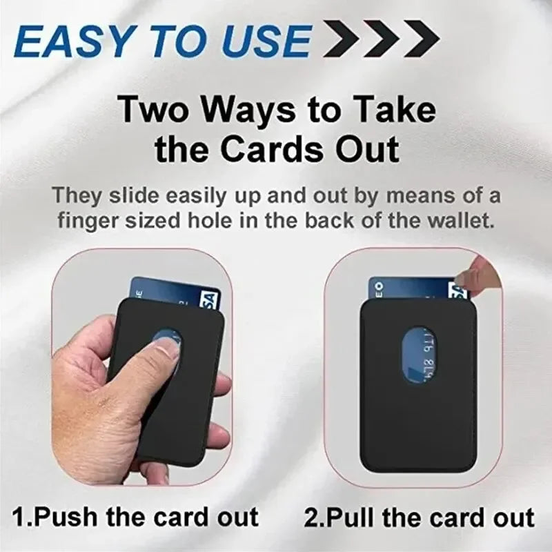 Easy to use MagSafe leather wallet showing two methods to remove cards from wallet.