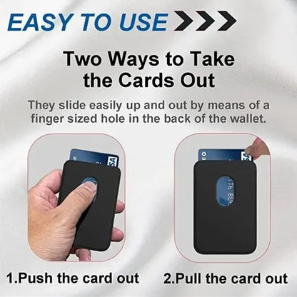Easy to use MagSafe leather wallet showing two methods to remove cards from wallet.